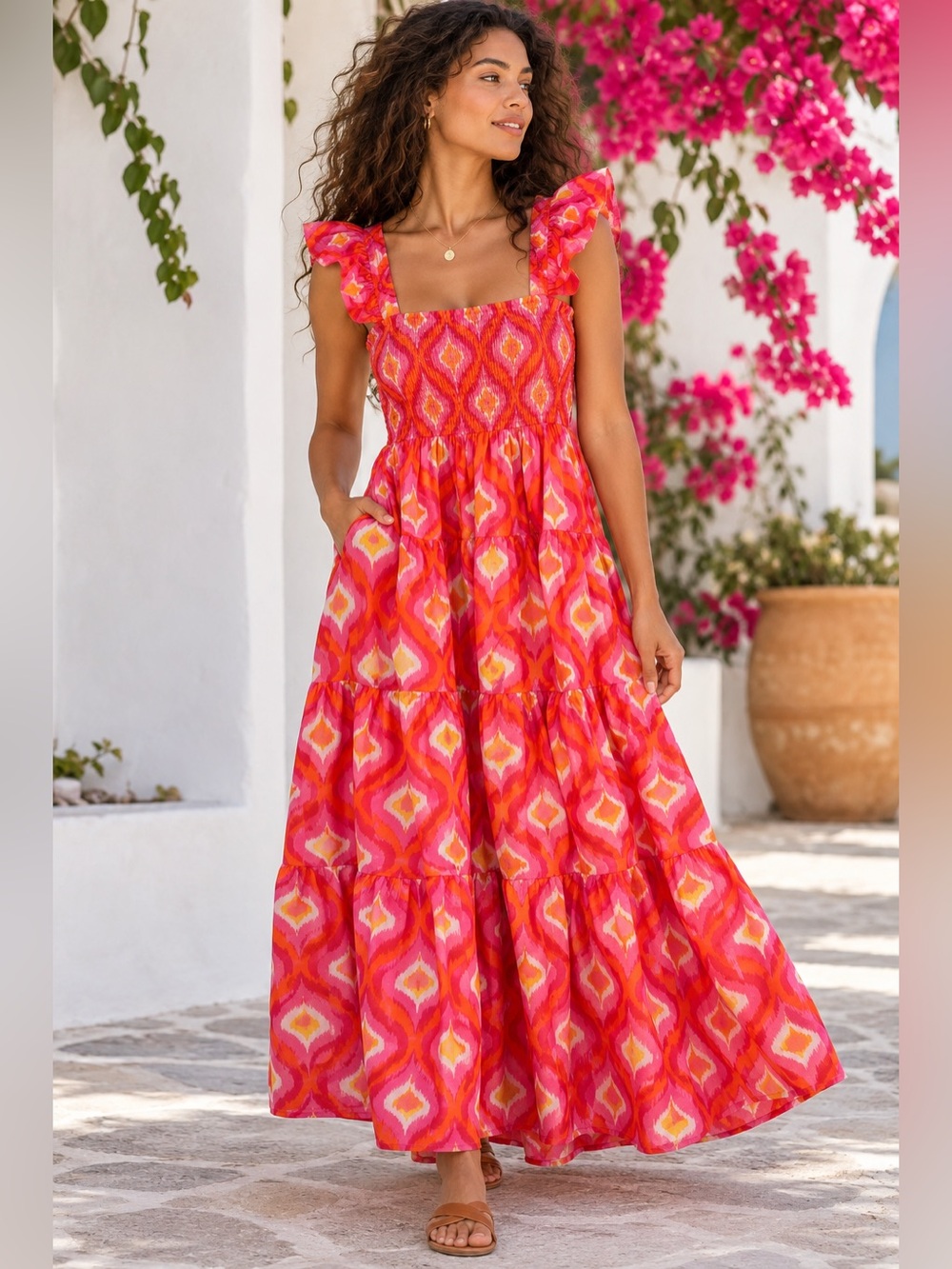J.Marie Ikat Smocked Ruffle Maxi Dress Pink Orange Size S